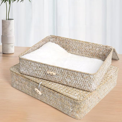 Moosky Flat Wicker Shelf Baskets with Lid, Seagrass Woven Basket Boxes for Storage Basket Bins Multipurpose Home Decor Organizer (Whitewash Set of 2)