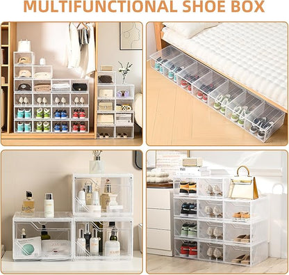 Large Shoe Boxes Clear Plastic Stackable，Drop Front Shoe Box with Clear Door, Shoe Containers For Sneaker Display,Fit up to US Size12 (white clear-Conjoined structure, 6 pack)
