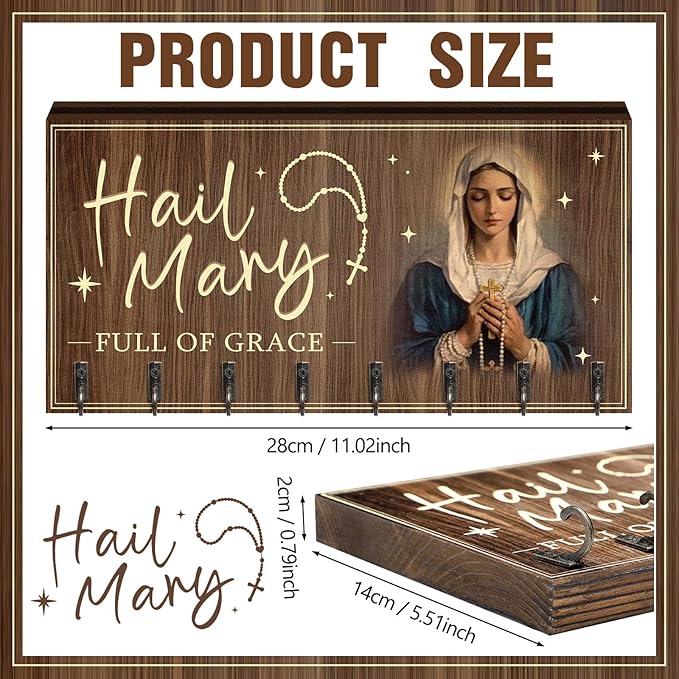 Colingmill Large Wooden Rosary Holder Wall Mounted with 8 Hangers Catholic Rosary Storage Organizer Decorative Hanger Holder for Necklace, Bracelet Prayer Storage(Classic)