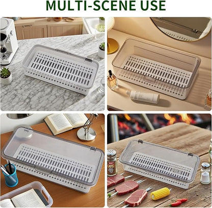 Silverware Organizer with Lid and Drainer - Plastic Kitchen Drawer Organizer for Forks Spoons Knives, Stackable Utensil Storage Container, Space-Saving Cutlery Tray (10.6 x 4.7 x 2.8 inch) (3)