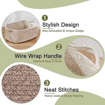 OIAHOMY Cotton Rope Baskets, Woven Baskets for Storage, Nursery Storage Baskets, Rectangle Storage Basket with Handles, Storage Baskets for Shelves, Pack of 3, Brown Variegated