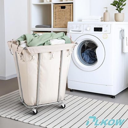 PLKOW Laundry Basket with Wheels 120L Heavy-Duty Laundry Cart with Removable Waterproof Bag, Metal Frame Clothes Basket with Lockable Casters for Home, Laundry Room, Hotel, Beige