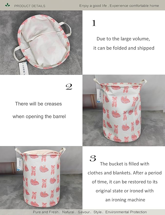 Round Collapsible Laundry Hamper for Girls,Waterproof Pink Ballerina Dance Shoes Print Storage Bin,Large Capacity Toy Organizer for Kids Room Nursery Playroom,Ideal New Parent Gift