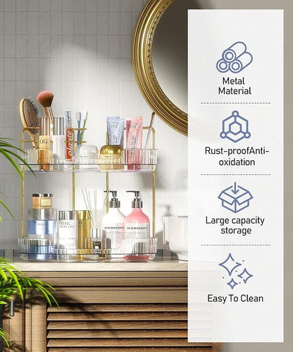 EUHOME 2-Tier Corner Bathroom Organizer Counter - Acrylic Makeup Skincare Organizer with Brush Holder, Perfume Tray for Countertop, Vanity, Dresser, Kitchen（Clear）