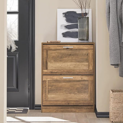SoBuy Narrow Shoe Cabinet Entryway, Slim Shoe Rack 2 Flip-Drawers, Shoe Storage Cupboard for Hallway Brown FSR137-F