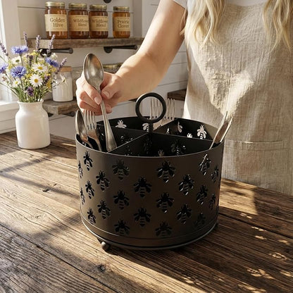 NelyBet 360°Rotating Utensil Caddy Countertop - Bee Silverware Caddy Holder with 4 Compartment - Mesh Cutlery Caddy Holder with Handle for Party Kitchen Counter Office Black