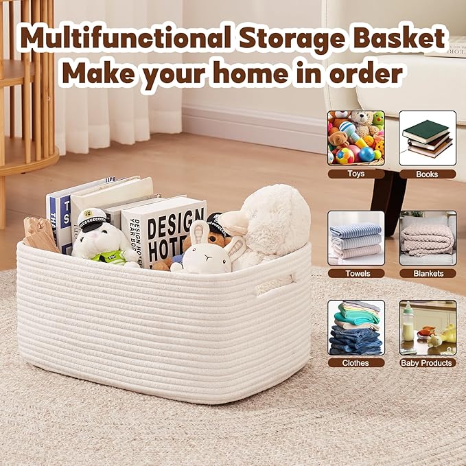 OIAHOMY Storage Basket for Shelves, Closet Cube Storage Bins Baskets for Clothes Blanket Towels, Baby Nursery, Toy Baskets Box, Woven Rope Basket, 15.75 * 11.81 * 7.09 IN, 2 Packs White