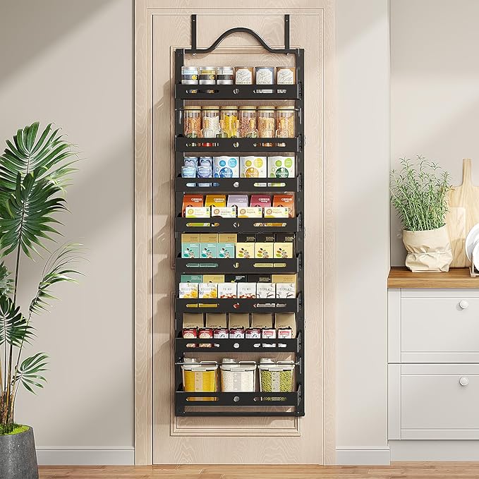 8-Tier Over The Door Pantry Organizer, Large 2 IN 1 Wall Mount or Hanging Spice Rack, Pantry Door Organizer and Storage with Adjustable Basket, Door Spice Rack for Pantry, Black
