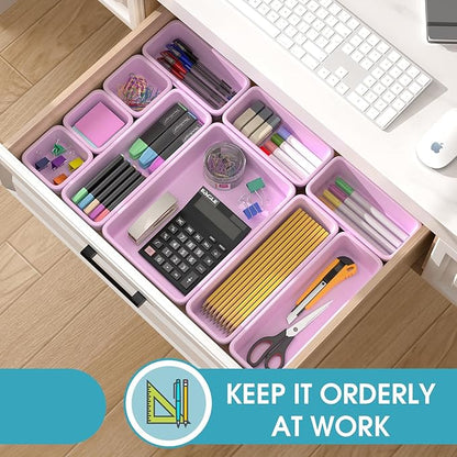 16 PCS Drawer Organizer Set, 4 Size Makeup Drawer Divider Organizer With Non-Slip Pads, Interlocking Plastic Storage Bins for Office,Jewelry Vanity,Gadgets, Bathroom,Kitchen, Purple