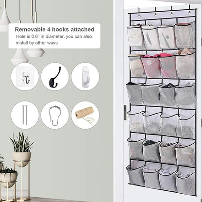 Over the Door Hanging Shoe Organizer with 24 Large Mesh Pockets - Shoes Holder/White