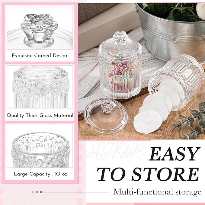 Hushee 4 Pcs Crystal Glass Candy Jar Set with Lids Home Decorative Storage Jars for Apothecary, Bathroom, Kitchen, and Pantry, Ideal for Cotton Swabs and Jewelry(Clear)