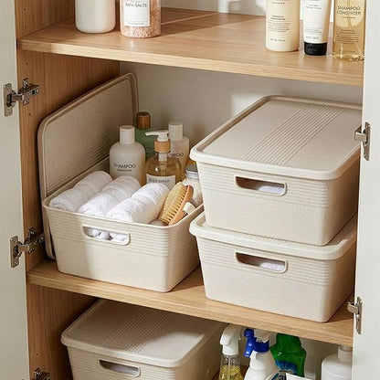 BINO | Plastic Storage Bins with Lids, 13 Liter - 3 Pack, Natural | THE BRAIDED COLLECTION | Plastic Bins for Organization Woven Storage Baskets for Organizing Pantry Shelf Organizer Basket Bin