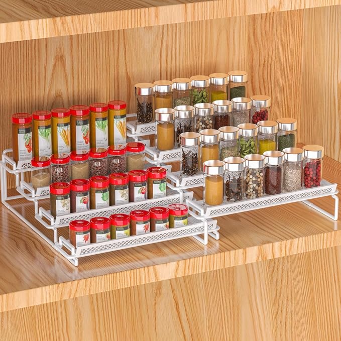 4 Tier Spice Rack Organizer for Cabinet, White (2 PCS S&L) Seasoning Organizer Rack for Inside Cabinets, Countertop, Pantry Storage