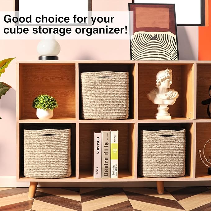 11 Inch Cube Storage Bins, Organizing Bins for Cube Organizer, Storage Baskets for Organizing, Woven Storage Basket for Shelves, Cotton Rope Toy Baskets Storage Kids, Brown (Pack of 3)