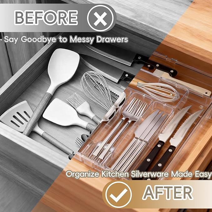 Expandable Silverware Organizers for Kitchen Drawer, Clear Utensil Drawer Organizer Tray, Adjustable Cutlery Flatware Holder for Spoon Fork Knife, Plastic Spatula Tools Gadgets Storage Divider