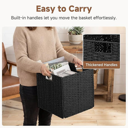 StorageWorks 13 inch Wicker Storage Baskets, Handwoven Wicker Basket for Organizing, Foldable Square Storage Cubes, Black, Paper Rope, 2 Pack