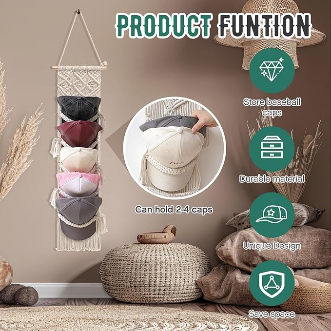Wonderjune 2 Pcs Baseball Cap Holder, Boho Macrame Hat Organizer for Wall, over the Door Hat Rack for Decoration and Display Handmade Hanger for Baseball Holder up to 20 Caps(White)