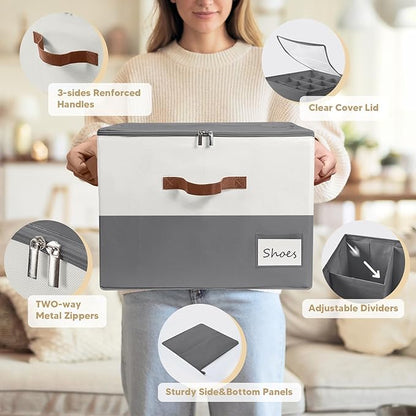 Shoe Organizer for Closet, Fits Up to 16 Pairs, Large Shoe Box Storage Container with Clear Cover, with Adjustable Dividers for Shoe Storage Bins,Space-Saving Shoe Bins (Beige and grey)