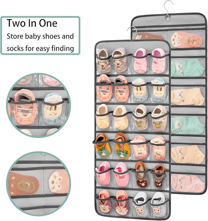 Dual-sided Hanging Baby Shoes Organizer Closet Toddler Shoe Storage Holder for Kids Bow Socks Underwear (GREY)