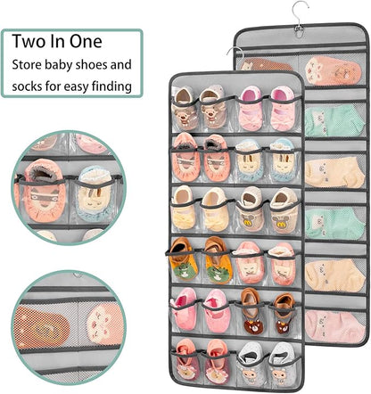 Dual-sided Hanging Baby Shoes Organizer Closet Toddler Shoe Storage Holder for Kids Bow Socks Underwear (GREY)