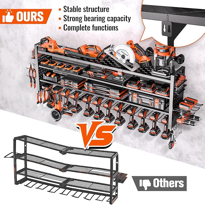 49.8" W Large Power Tool Organizer Wall Mount, Heavy Duty Tool Organizer with 14 cordless Drill Holder, 4 Layers Garage Organization and Storage Rack, Tool Rack for Garage Workshop, Black