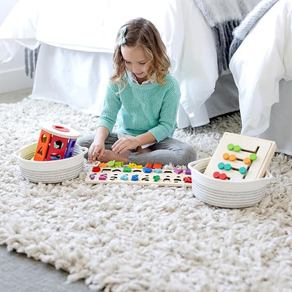 NaturalCozy 5-Piece Round Small Woven Baskets Set– Cotton Rope Baskets for Organizing! Montessori Toys, Fruits Remotes Key Tray Bowl for Entryway Desk, Shallow Catchall Home Décor, Cat Dog Bin Gift