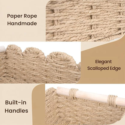 iEGrow Paper Rope Small Storage Baskets for Organizing, Set of 2 Scalloped Edge Wicker Basket with Wooden Handles Toilet Paper Basket for Over Toilet Storage Shelf, Home Decor, Living Room (Beige)