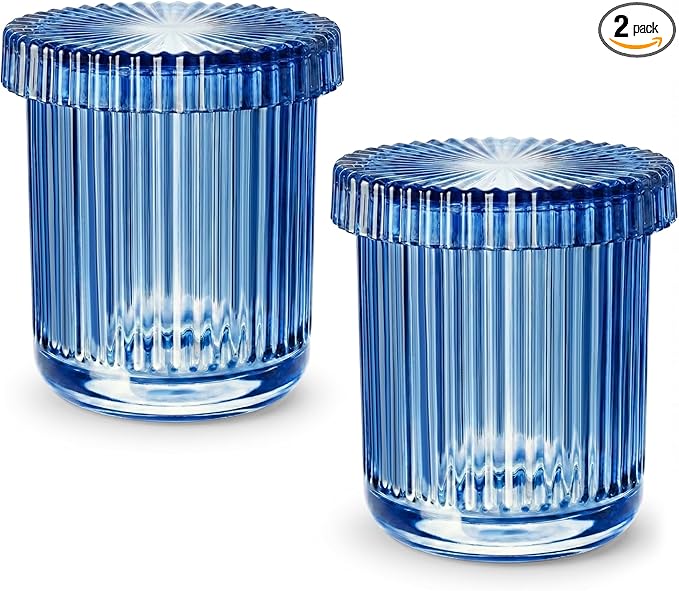 2 Pack Qtip Holder - Apothecary Jars with Lids, Bathroom Organizers and Storage Canister for Cotton Balls,Swabs,Floss Picks,Hair Ties,Clear Glass Vintage Bathroom Decor Jar Set (Blue2)