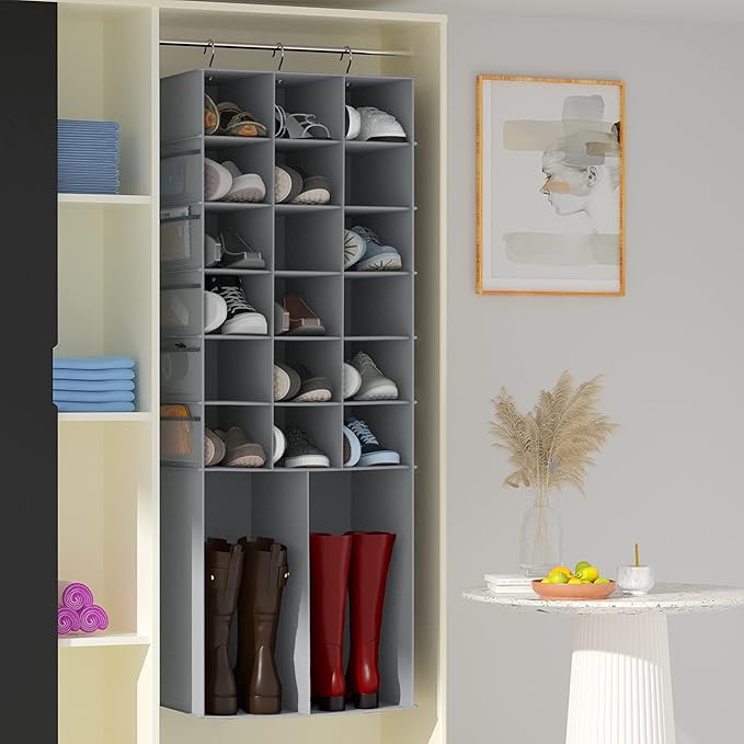 Hanging Shoe Rack for Closet,18+2 Sections Hanging Shoe Closet Organizers and Storage with 10 Side Mesh Pockets,Space-Saving Shoe Storage & Holder,Grey