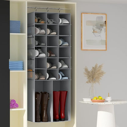 Hanging Shoe Rack for Closet,18+2 Sections Hanging Shoe Closet Organizers and Storage with 10 Side Mesh Pockets,Space-Saving Shoe Storage & Holder,Grey
