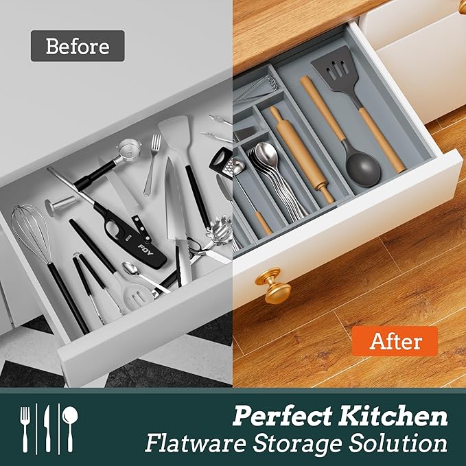 Silverware Organizer Large, Magnetic Connected Expandable 13 Slots Silverware Drawer Organizer from 21 to 37.4 Inches, Adjustable Flatware and Cutlery Holder, Bamboo Utensil Tray for Kitchen Gray