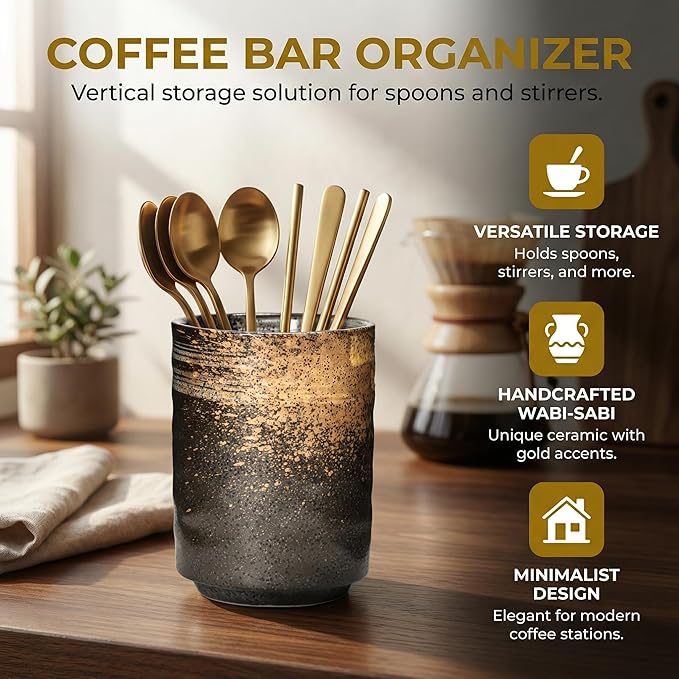 Ceramic Spoon Holder for Coffee Bar, Upright Tea Spoon Holder Cup, Coffee Stirrers Straws Stir Stick Holder, Red Strips