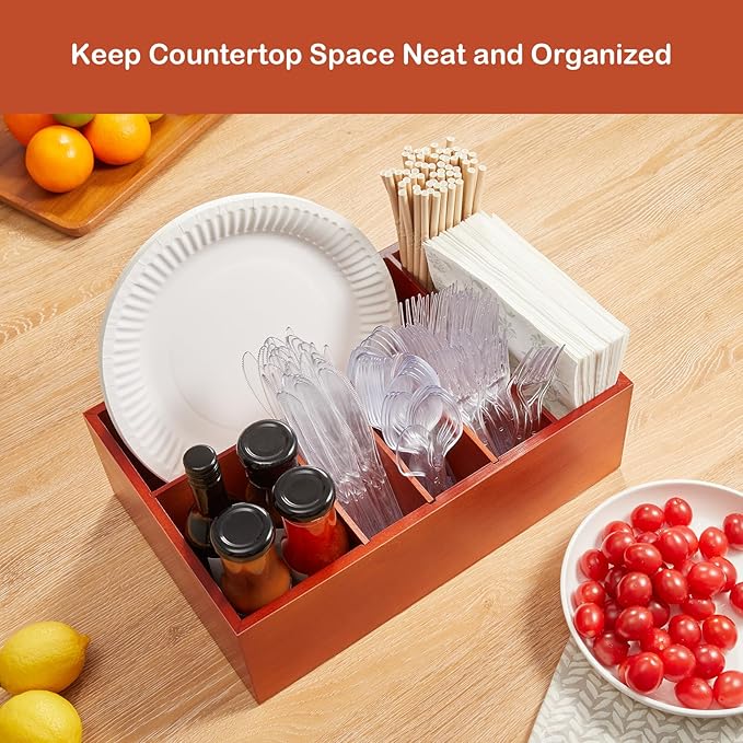 Utensil Holder for Party - Wooden Paper Plate and Utensil Caddy for Countertop - Silverware Caddy for Cup Fork Spoon Napkin - Cutlery Organizer for Kitchen Camping Buffet Picnic