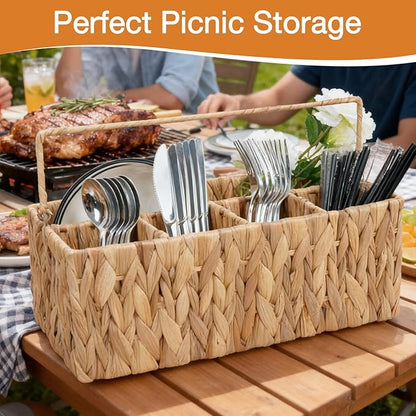Wicker Silverware Organizer Basket,Hand Woven Kitchen Utensil Holder with Handles,Flatware Storage Caddy for Countertop Dining Picnic Party Table,Natural Cutlery Caddy for Plates,Napkins&Utensils
