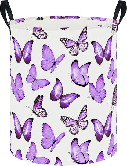 CLOCOR Large Laundry Basket,Waterproof Nursery Hamper,Collapsible Fabric Storage Container,Room Decor,Gift Basket（Deep Purple Butterfly