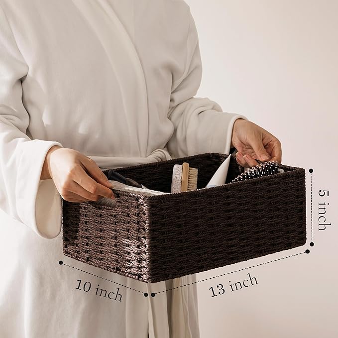 joybest Wicker Storage Baskets for Shelves, Hand-woven Storage Baskets for Organizing and Home Decor, Foldable Rectangular Bins with Built-in Handles 13L x 10W x 5H inch, 2-pack Dark Brown