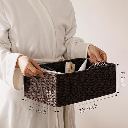 joybest Wicker Storage Baskets for Shelves, Hand-woven Storage Baskets for Organizing and Home Decor, Foldable Rectangular Bins with Built-in Handles 13L x 10W x 5H inch, 2-pack Dark Brown