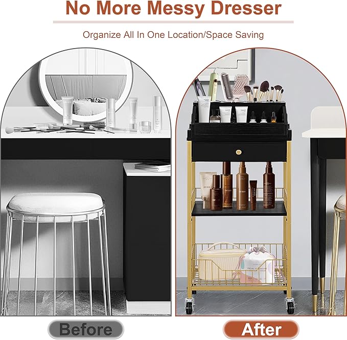 Large Makeup Organizer Cart with Hair Tool Holder, Rolling Makeup Cart with Drawer, 2-in-1 Vanity Organizer Cosmetic Display Cases for Skin Care Perfume Nail Polish Brush Tools, Gold & Black