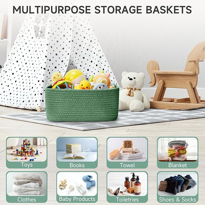 3-Pack Shelf Baskets for Organizing, Closet Organizer Bins, Small Woven Baskets, Rope Toy Basket, Storage Basket for Shelves, Cube Decorative Box, 11.8×7.8×5.1”, Green