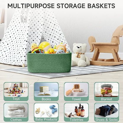 3-Pack Shelf Baskets for Organizing, Closet Organizer Bins, Small Woven Baskets, Rope Toy Basket, Storage Basket for Shelves, Cube Decorative Box, 11.8×7.8×5.1”, Green