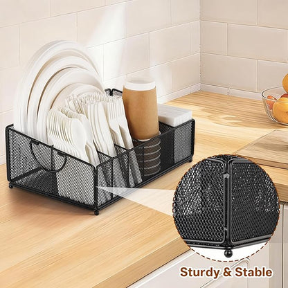 Large Paper Plate and Silverware Caddy for Countertop Party Picnic Camping, Plastic Cutlery Holder Organizer for Disposable Plate Cup Flatware Utensil Napkin, Black