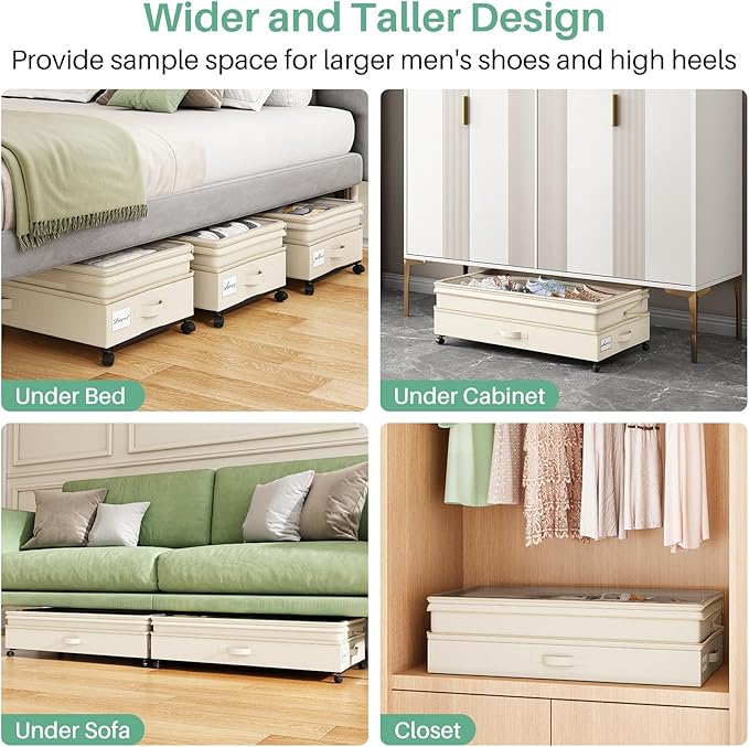 Kitstorack 2Pack Height-adjustable Under Bed Storage with Wheels, Under Bed Storage Containers,Under Bed Shoe Storage Organizer with Clear Window&Label, Suitable for Clothes Storage, Beige