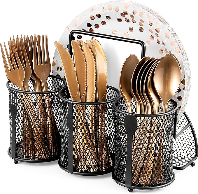 DTICON Utensil Organizer Silverware Caddy - Utensil Holder for Party Metal Cutlery Organizer Silverware Storage for Picnic Camping Buffet Kitchen Table (Black)