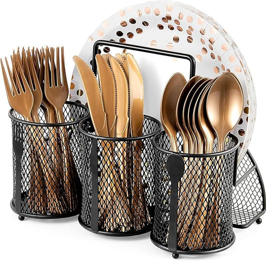 DTICON Utensil Organizer Silverware Caddy - Utensil Holder for Party Metal Cutlery Organizer Silverware Storage for Picnic Camping Buffet Kitchen Table (Black)