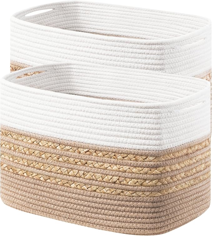 UBBCARE 2 Pack Baskets for Organizing, Woven Storage Baskets for Toys and Towel, Rectangle Cotton Rope Basket with Handles, 14''L x 8''W x9''H, Brown