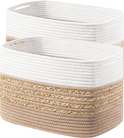 UBBCARE 2 Pack Baskets for Organizing, Woven Storage Baskets for Toys and Towel, Rectangle Cotton Rope Basket with Handles, 14''L x 8''W x9''H, Brown