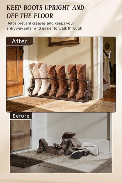 Western Horseshoe Boot Rack, Freestanding Metal Boot Stand for 3 Pairs, Adjustable Cowboy Boot Organizer with Texas Star Ends for Entryway or Mudroom, Gift for Cowboy Boot Lovers, Black