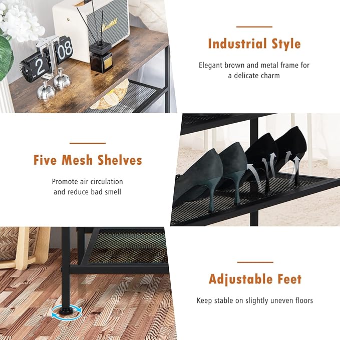 Tangkula 5-Tier Metal Shoe Rack, Freestanding Shoe Storage Organizer with Flat Mesh Shelf & Wooden Top for 16-20 Pairs, Industrial Shoe Storage Rack for Entryway, Hallway, Living Room, Rustic Brown