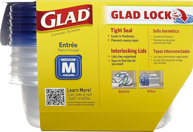 Glad GladWare Entree Food Storage Containers with Lids, Medium Square No BPA Plastic for Meal Prep and Lunches, Lock Tight Seal, Microwave and Dishwasher Safe, 25 Oz, 5 Count - 6 Pack
