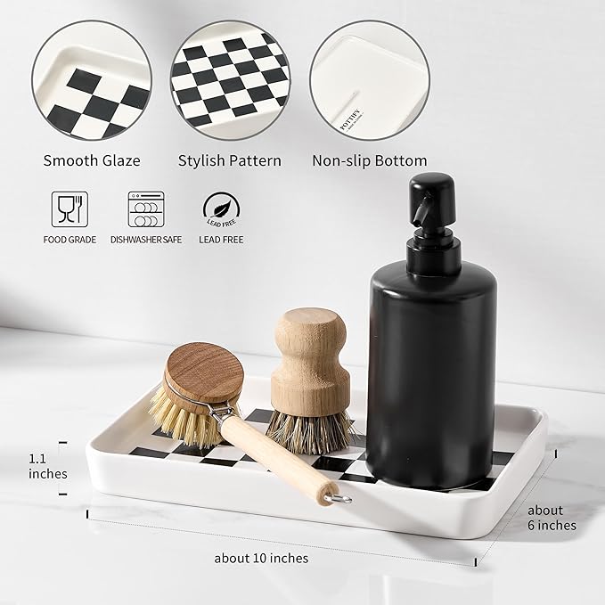 Texture Checkered Surface 10"×6"×1" Bathroom Vanity Tray for Countertop- Ceramic Decorative Organizer Tray for Dresser Top, Toilet, Perfume, Sponge Holder Soap Dish Dispenser for Kitchen Counter